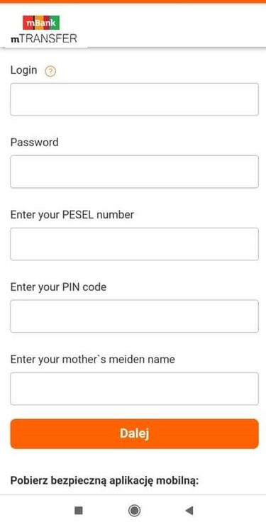 Oszustwo mBank, przykładowa strona