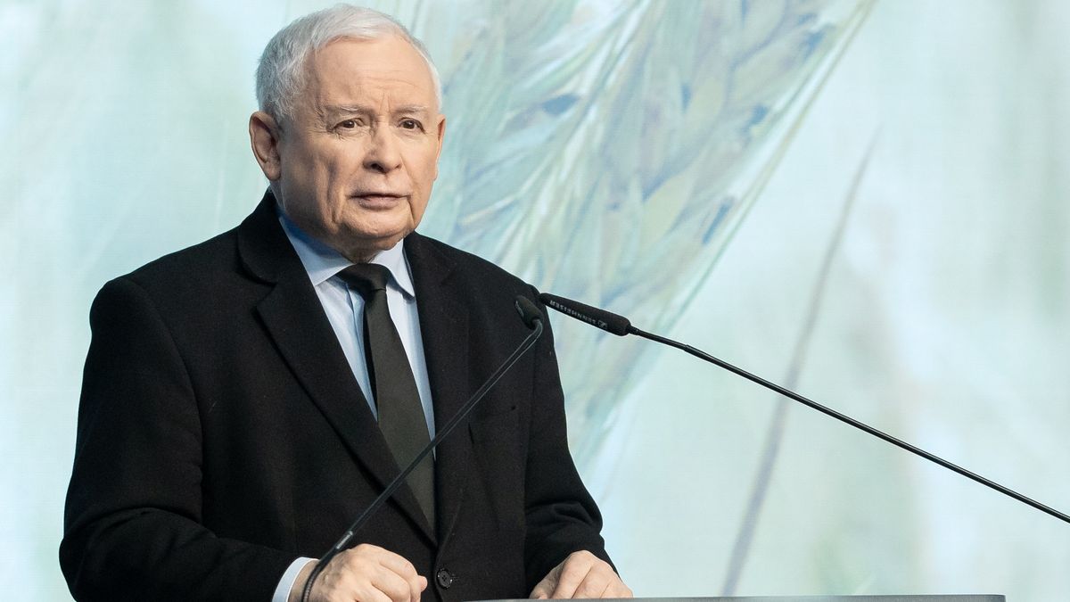 Jaroslaw Kaczynski, the leader of the Law and Justice party (PiS), is speaking during a press conference in Warsaw, Poland, on January 22, 2024. (Photo by Foto Olimpik/NurPhoto via Getty Images)