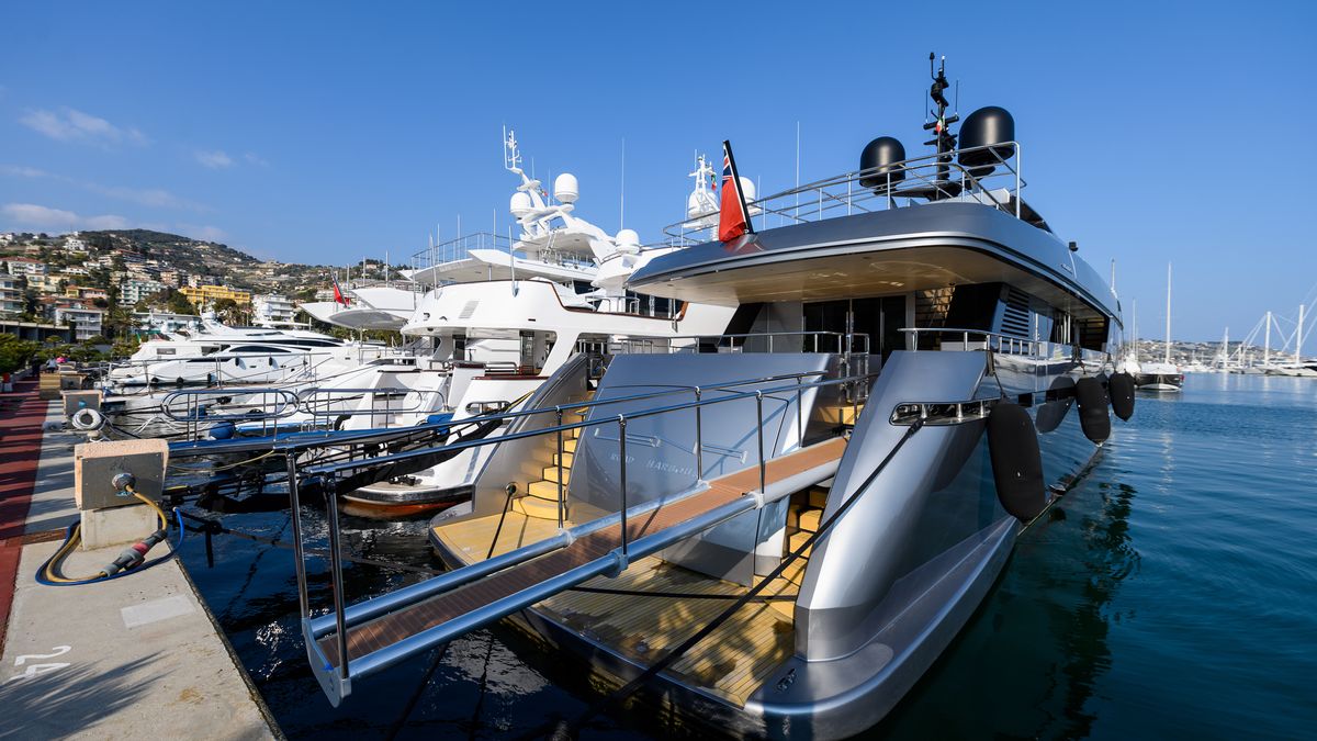 The seized Lena superyacht, owned by Russian billionaire Gennady Timchenko, at the port in Sanremo, Italy, on Monday, March 7, 2022. Italy's Finance Police detained superyachts of sanctioned Russian billionaires, as authorities around the world ratchet up the pressure on the countrys elite following the invasion of Ukraine. Photographer: Giuliano Berti/Bloomberg via Getty Images