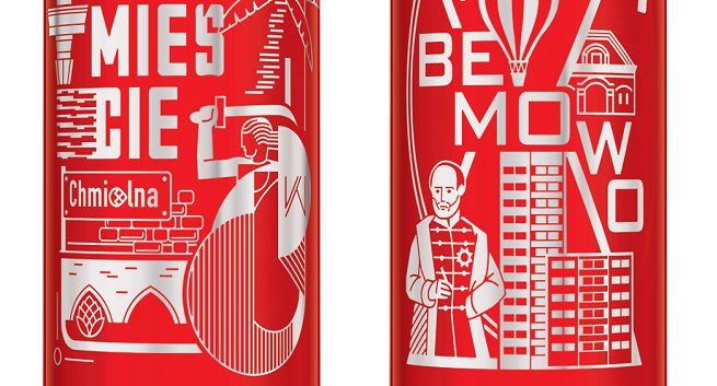 Grafiki z dzielnicami Warszawy na puszkach i w reklamach piwa Królewskie