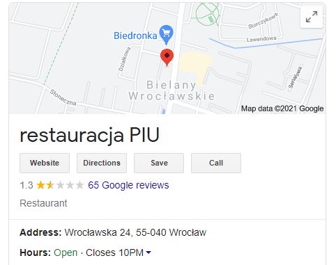 Obecny wygląd karty restauracji PIU w Google