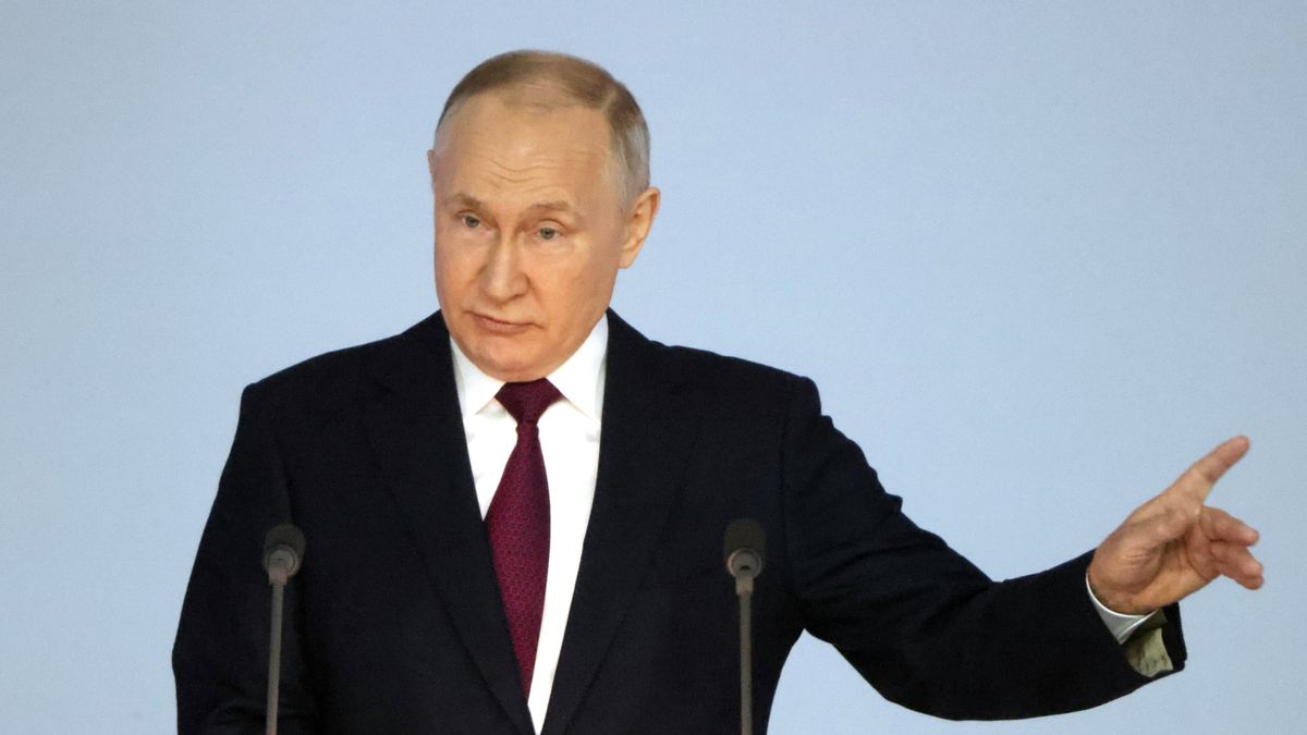 MOSCOW, RUSSIA - FEBRUARY 21: (RUSSIA OUT) Russian President Vladimir Putin speaks during his annual meeting with the Federal Assembly on February 21, 2023, in Moscow, Russia. President Putin addressed his annual speech to the Federal Assembly prior to the first anniversary of Russia's military invasion of Ukraine. (Photo by Contributor/Getty Images)