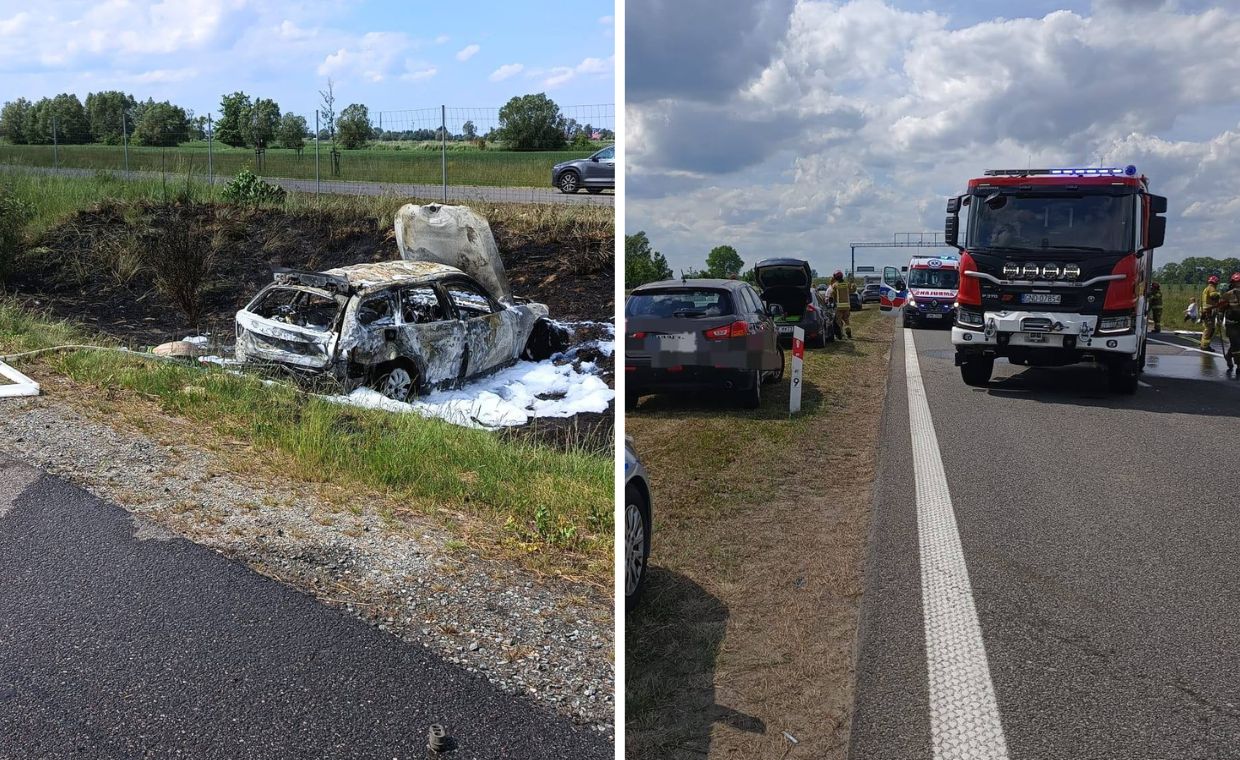 Kolizja na S7 pod Kmiecinem. Zderzyły się cztery auta, jedno spłonęło
