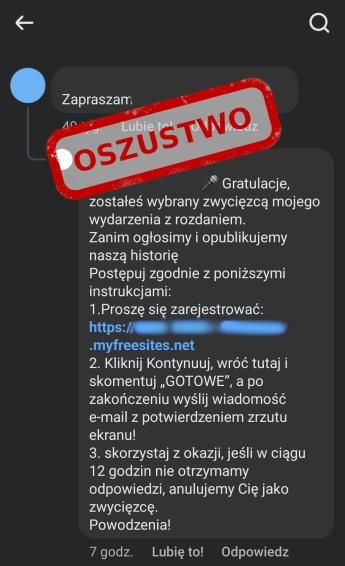 Przykład fałszywego konkursu na Facebooku