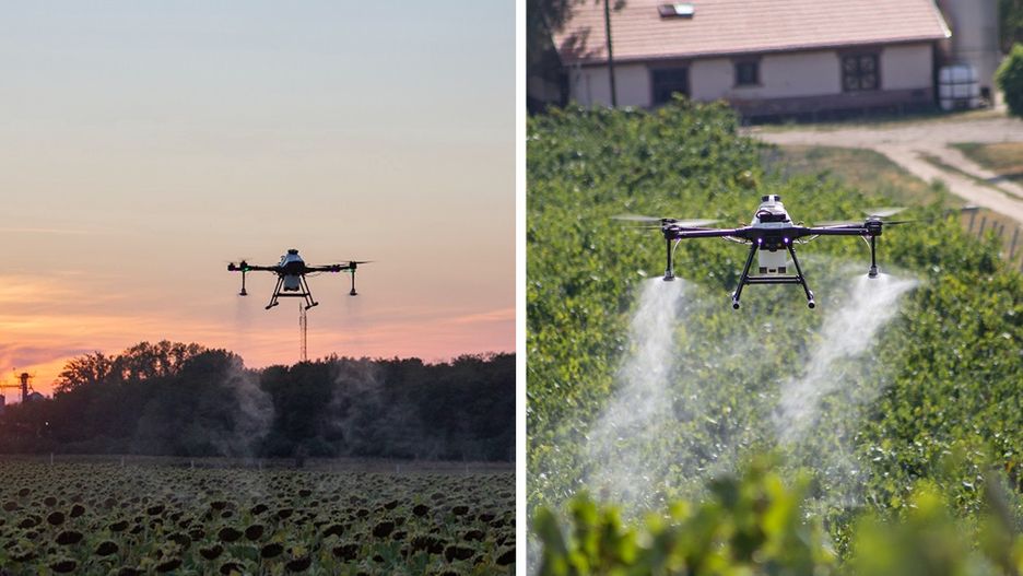 Dron ABZ Innovation L10 opryskuje pole.