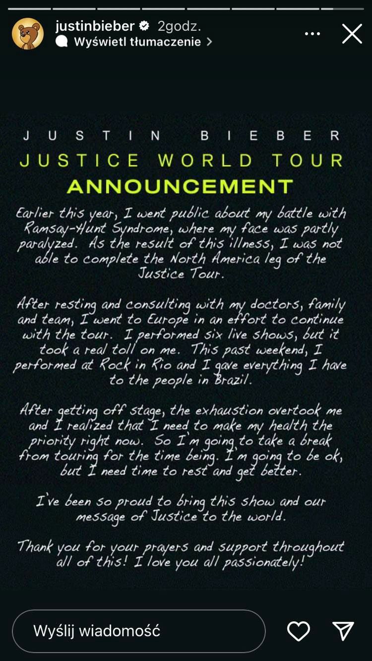 Justin Bieber odwołał trasę koncertową
