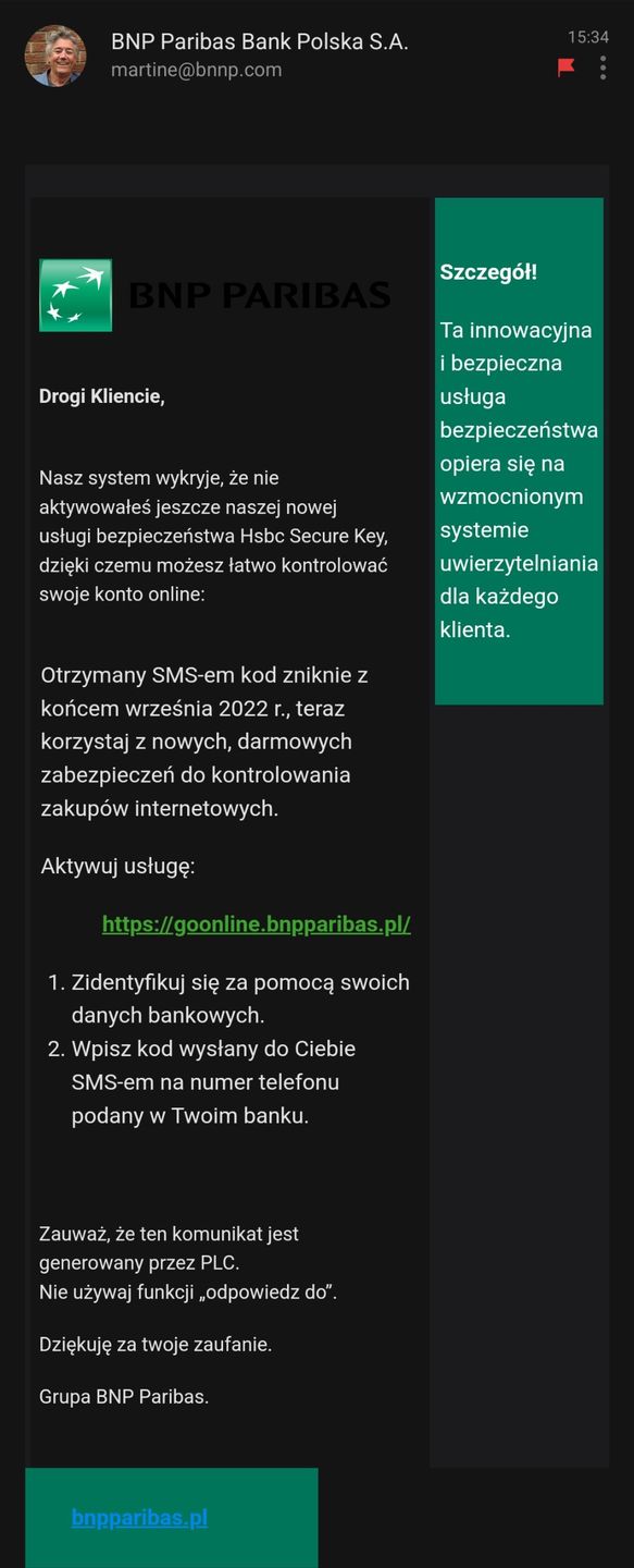 Fałszywy e-mail oferujący nową usługę bezpieczeństwa w BNP Paribas