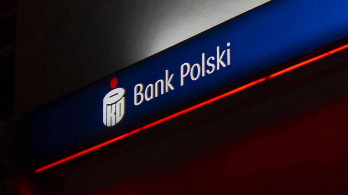 The PKO Bank Polski sign is seen lit up at night at a branch in Warsaw, Poland on 17 October, 2023. (Photo by Jaap Arriens/NurPhoto via Getty Images)