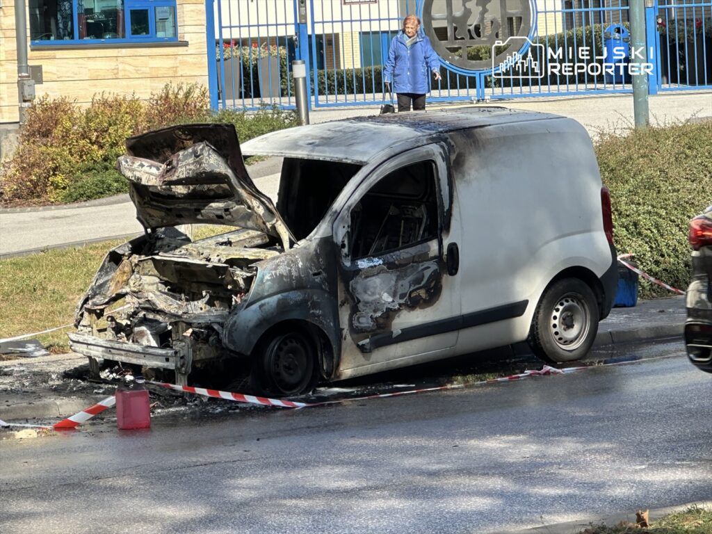 Spalony samochód dostawczy stoi na poboczu, obok widać kobietę w niebieskim płaszczu.