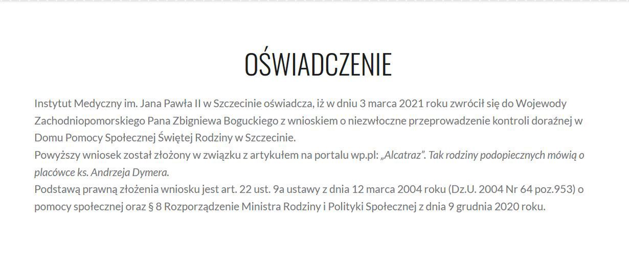 Oświadczenie Instytutu Medycznego im. Jana Pawła II w Szczecinie