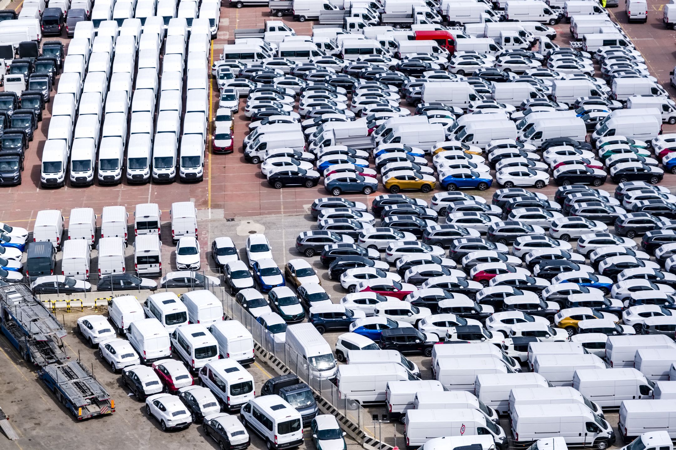 SALERNO, CAMPANIA, ITALY - 2023/05/22: Aerial view of the container harbour in Salerno with cars waiting to be shipped. (Photo by Frank Bienewald/LightRocket via Getty Images)