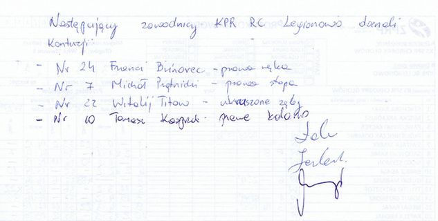 Zapis z protokołu z meczu Chrobry - KPR RC