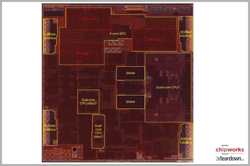 A10 w środku: to wciąż konstrukcja w procesie 16 nm (źródło: chipworks.com)