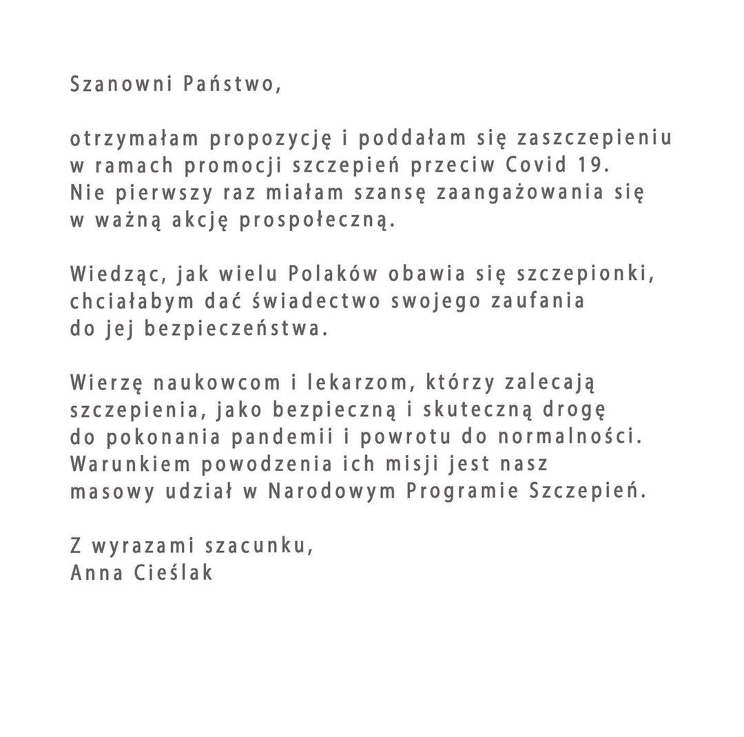 Anna Cieślak - oświadczenie w sprawie szczepionki