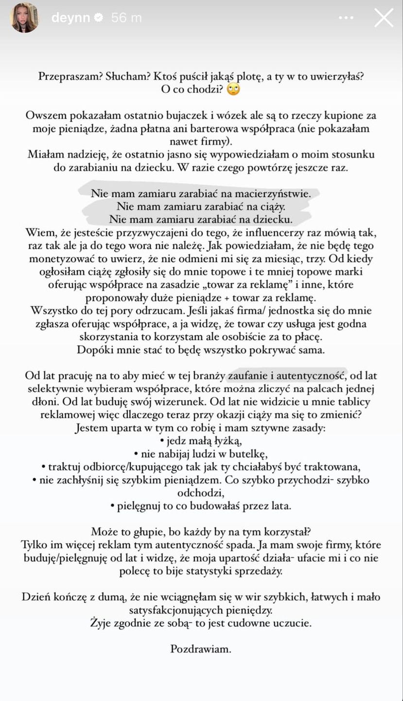 Deynn komentuje zarabianie na dziecku