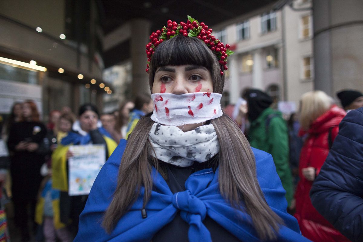 Save Ukrainian Children demo in Warsaw seen in Warsaw on April 22, 2022. (Photo by Maciej Luczniewski/NurPhoto via Getty Images)