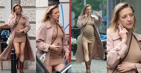 Zabiegana Lara Gessler w opinającej sukience przemyka Mokotowską, masując się po rosnącym brzuchu (ZDJĘCIA)