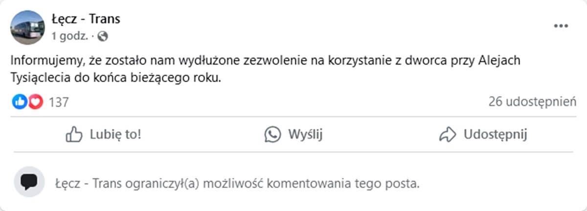 Informacja o przedłużeniu zezwolenia na korzystanie z dworca PKS przy al. Tysiąclecia przez przewoźnika Łęcz-Trans