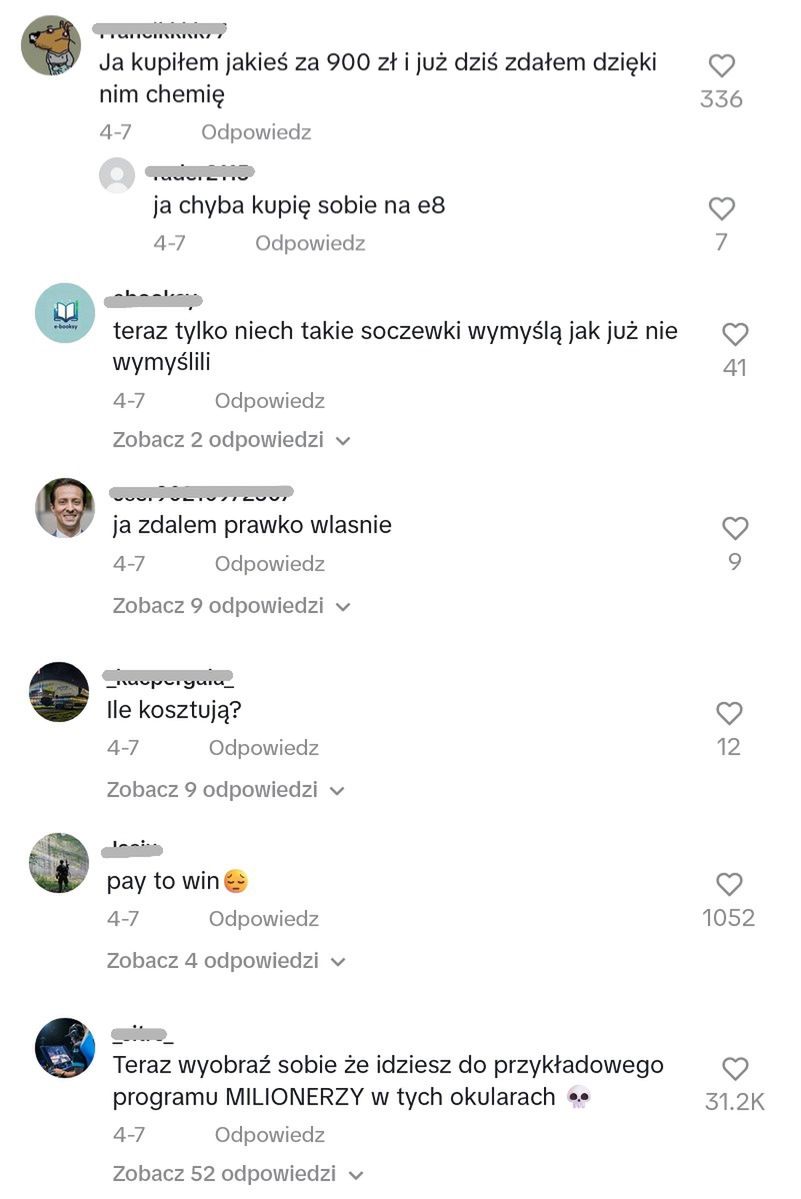 Komentarze pod filmami o okularach z ChatGPT na TikToku