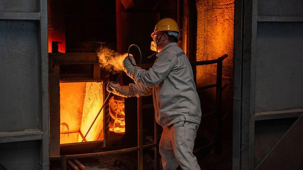 China Iron And Steel Industry
A worker braves the high temperature to work in the production workshop of Huai Steel Special Steel Co., Ltd. of Jiangsu Shagang Group in Huai 'an City, Jiangsu Province, China, on July 22, 2025. (Photo by Costfoto/NurPhoto via Getty Images)
NurPhoto
shagang group, metalworking, steel manufacturing., industrial work, production workshop, huai steel, nurphoto, costfoto, summer heat, huai 'an, steel industry, production plant, manufacturing process, ltd., huai steel special steel co., worker, steel production, work environment, jiangsu shagang group, industrial safety, labor conditions, heat management, july 22, china, huai 'an city, jiangsu, high temperature, heat, chinese industry, special steel