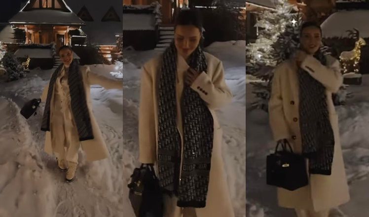 Marina Łuczenko cała na biało z szalikiem Diora i torebką za 60 tysięcy drałuje przez śnieg w Zakopanem (ZDJĘCIA)