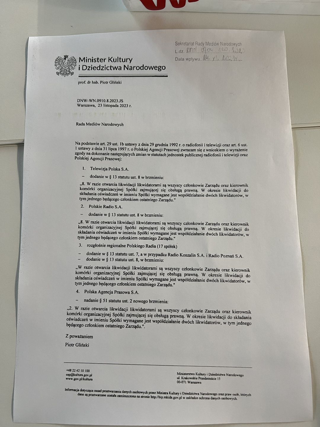 Wniosek ministra kultury
