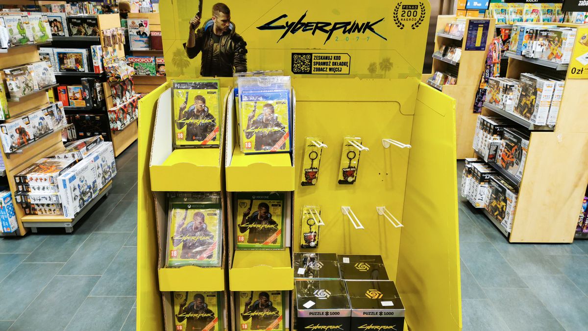 Video game Cyberpunk 2077 is pictured in a store in Krakow, Poland on December 14, 2020. A worldwide premiere of the game developed and published by CD Projekt Red took place on December 10, 2020. (Photo by Beata Zawrzel/NurPhoto via Getty Images)