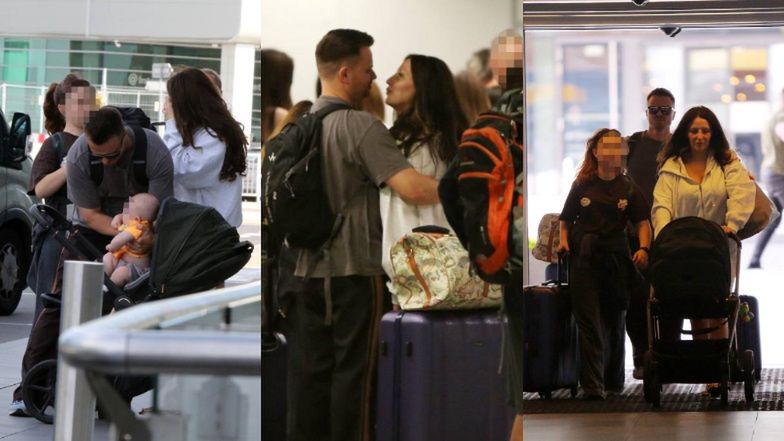 Marcin Hakiel i Dominika Serowska z dziećmi na lotnisku