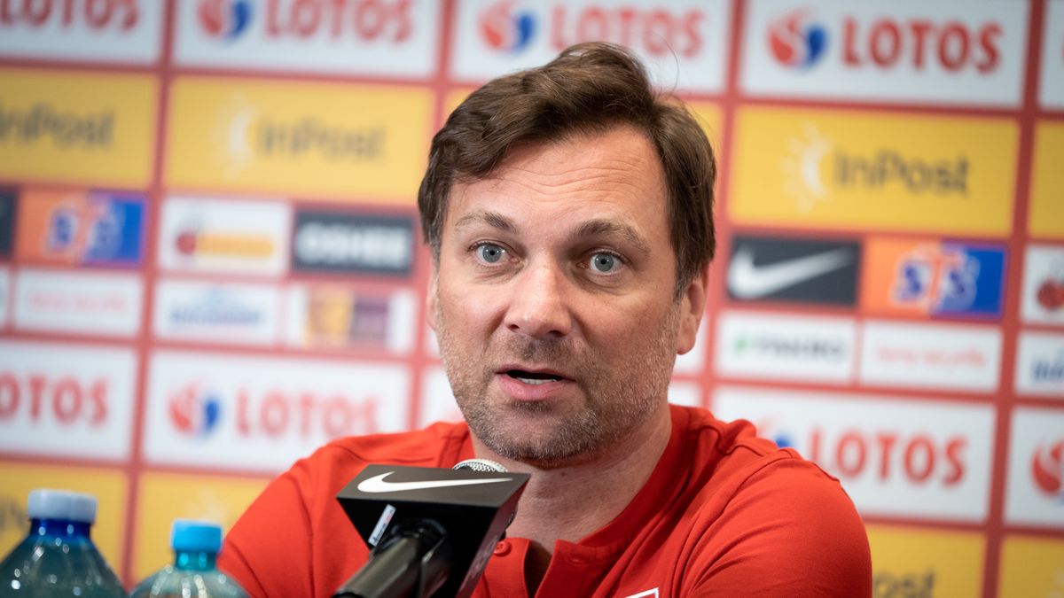 Jakub Kwiatkowski (Media Officer of Polish Football Association) during the press conference of the Polish national football team, at DoubleTree by Hilton in Warsaw, Poland on May 30,  2022 (Photo by Mateusz Wlodarczyk/NurPhoto via Getty Images)