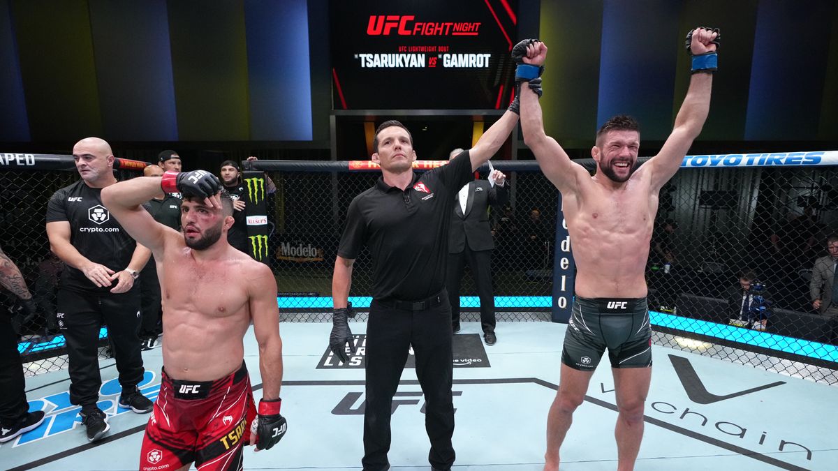 LAS VEGAS, NEVADA - JUNE 25: Mateusz Gamrot of Poland reacts after his victory over Arman Tsarukyan of Georgia in a lightweight fight during the UFC Fight Night event at UFC APEX on June 25, 2022 in Las Vegas, Nevada. (Photo by Jeff Bottari/Zuffa LLC)