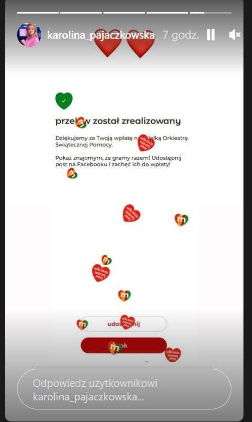 Karolina Pajączkowska wsparła WOŚP, co pokazała na InstaStory