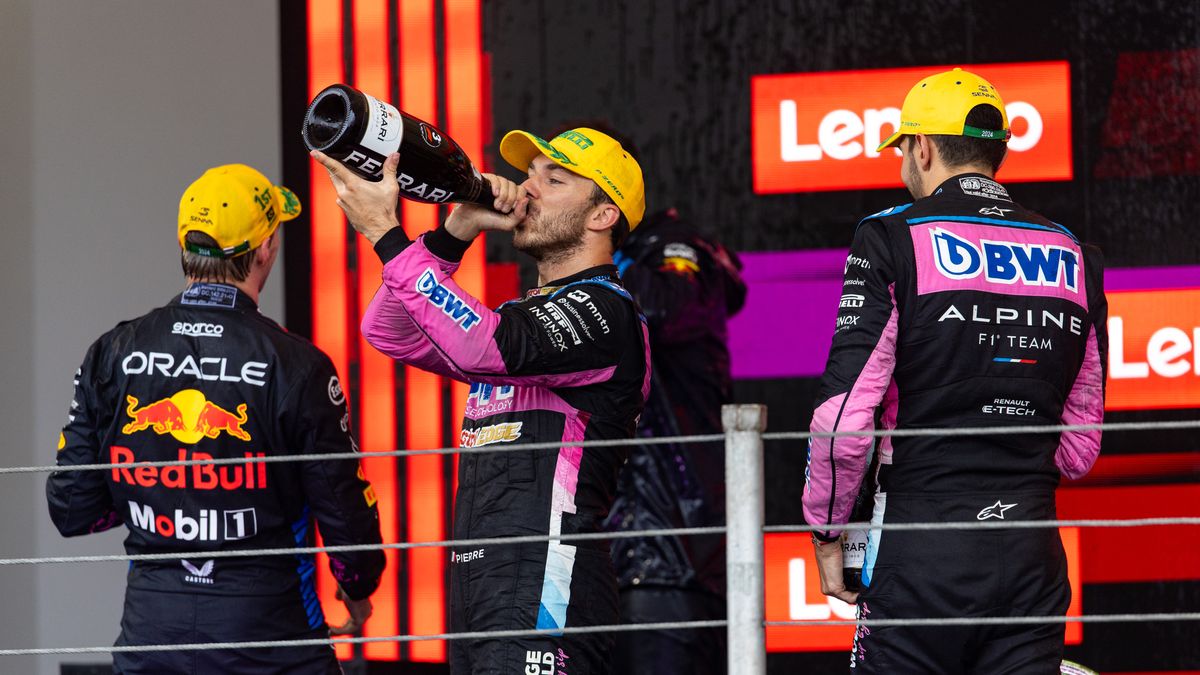 SAO PAULO, BRAZIL - NOVEMBER 3: Pierre Gasly of France and Alpine F1 team celebrates on the podium during the F1 Grand Prix of Brazil at Autodromo Jose Carlos Pace on November 3, 2024 in Sao Paulo, Brazil. (Photo by Kym Illman/Getty Images)