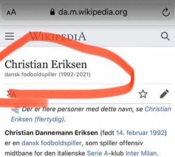 Screen ze złą datą śmierci Christiana Eriksena. Fot. Wikipedia/ekstrabladet.dk