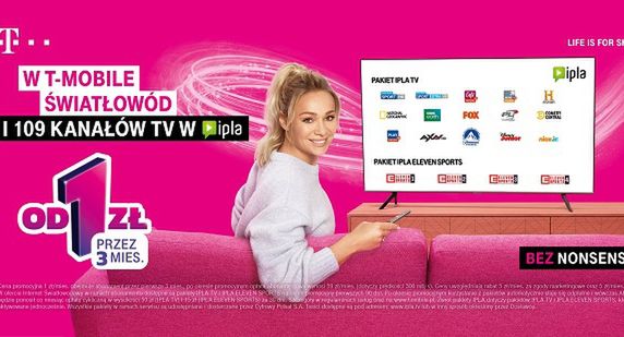 T-Mobile reklamuje Światłowód i pakiet MagentaRozrywka na 3 miesiące od 1 zł, w reklamach Sonia Bohosiewicz