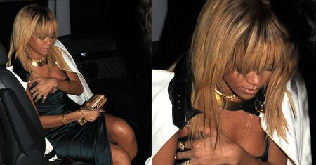 Rihanna zasłania zbyt głęboki dekolt! (ZDJĘCIA)