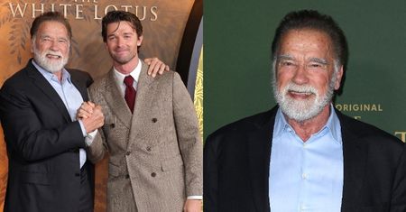 Odmieniony Arnold Schwarzenegger z siwą brodą wspiera syna podczas premiery serialu