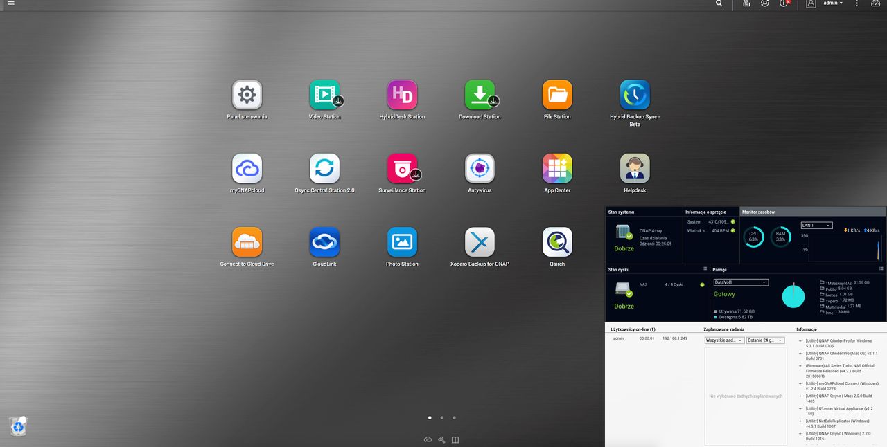 Tak wygląda interfejs obsługi QNAP TS-451A - to system QTS 4.2.2