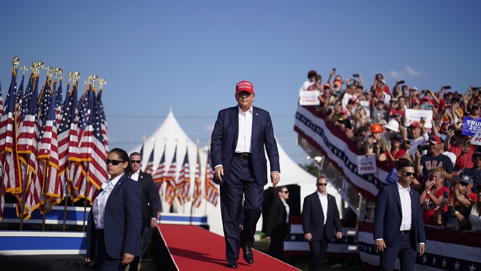 BUTLER, PENNSYLVANIA - July 13: Former president Donald Trump walks onstage during a campaign rally for former President Donald Trump at Butler Farm Show Inc. on Saturday, July 13, 2024 in Butler, Pa. Trump ducked and was taken offstage after loud noises were heard after he began speaking. 
(Photo by Jabin Botsford/The Washington Post via Getty Images)