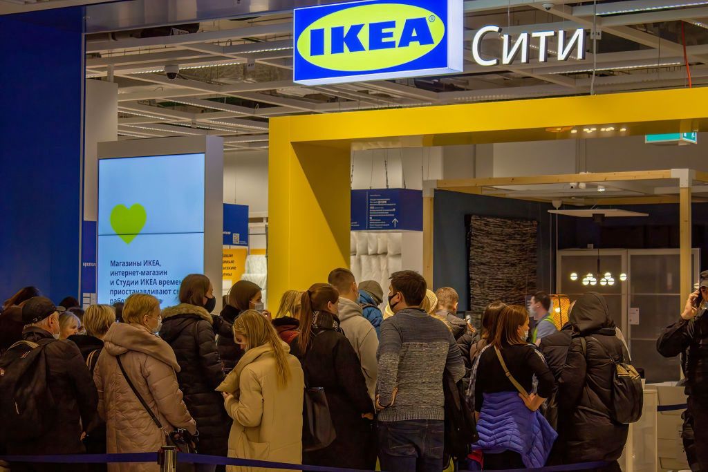 People line up at the entrance to IKEA Rostokino in MoscowMOSCOW, RUSSIA - 2022/03/03: People line up at the entrance to IKEA Rostokino in Moscow after the Swedish company announced plans to temporarily close its shops in Russia.Home furnishing company IKEA has announced it will pause its operations in Russia and Belarus from 5th March 2022 due the the conflict between Russia and Ukraine. (Photo by Vlad Karkov/SOPA Images/LightRocket via Getty Images)SOPA Imagesmoscow, people line, entrance, closure