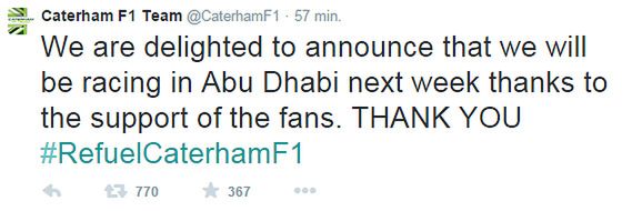 Zespół potwierdził na Twitterze, że będzie obecny w Abu Zabi / fot. twitter.com/CaterhamF1