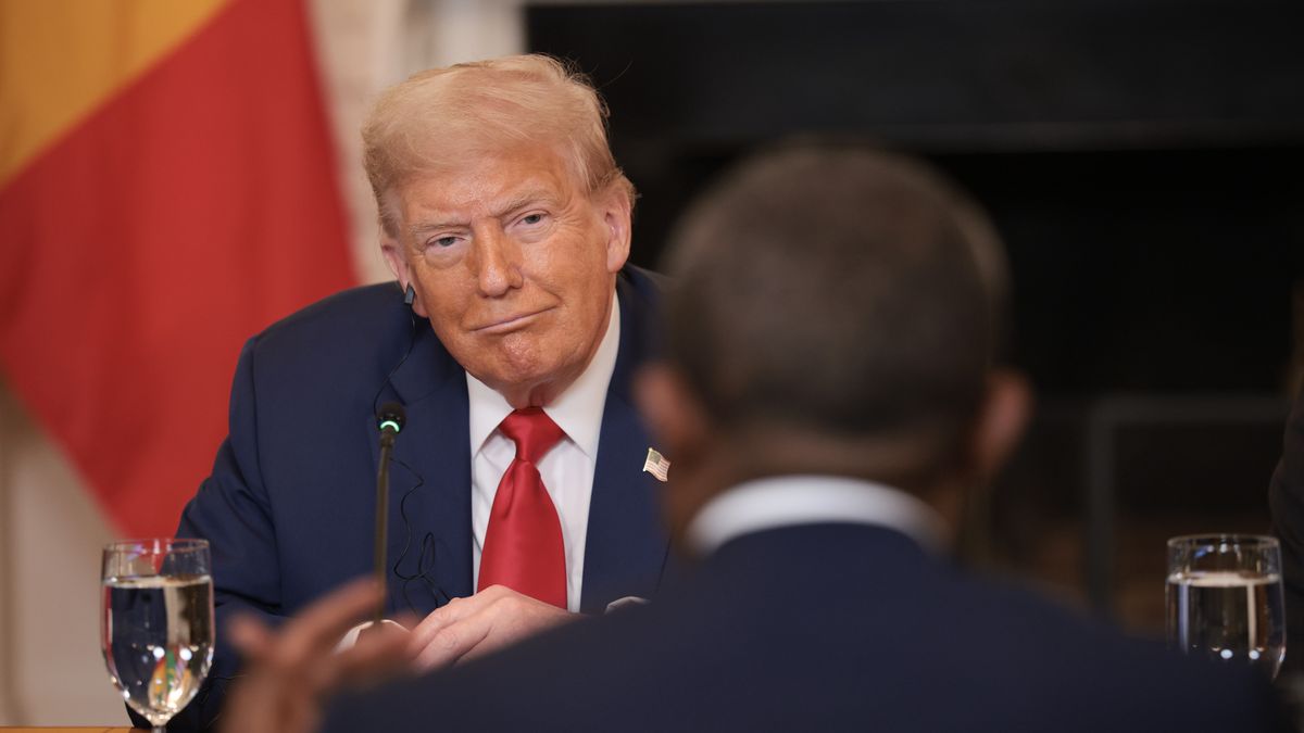 WASHINGTON, DC - JULY 09: U.S. President Donald Trump listens during a multilateral lunch with African leaders in the State Dining Room of the White House July 9, 2025 in Washington, DC. The leaders of Gabon, Guinea-Bissau, Liberia, Mauritania and Senegal met with Trump during the luncheon. (Photo by Win McNamee/Getty Images)