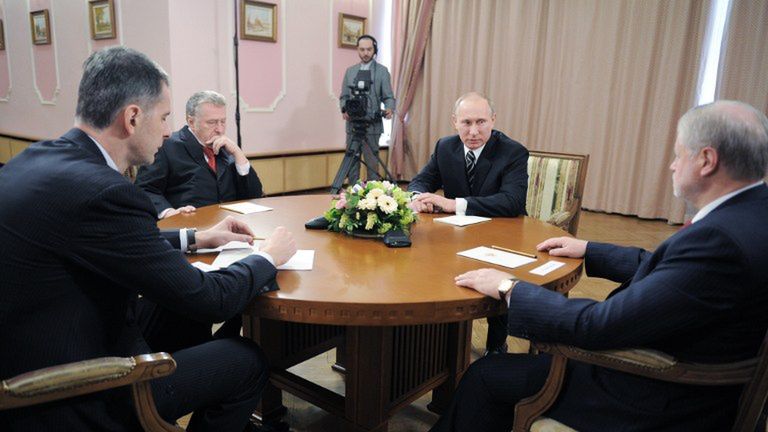 Michaił Prochorow (pierwszy z lewej) na spotkaniu z prezydentem Rosji Władimirem Putinem