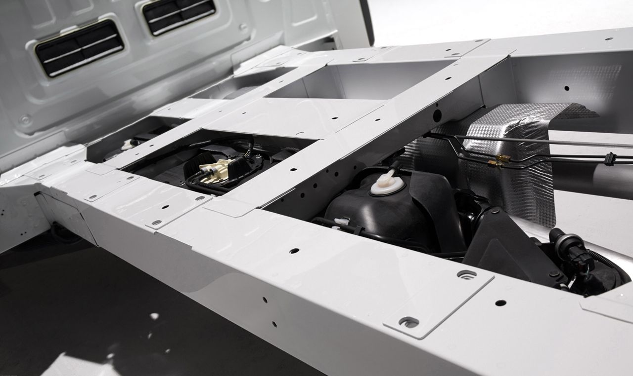 Ford Transit: Chassis cab and cutaway models feature high-strength steel in the uni-ladder frame rails and offer extension plates for mounting extra-length body upfits. (03/04/2013)