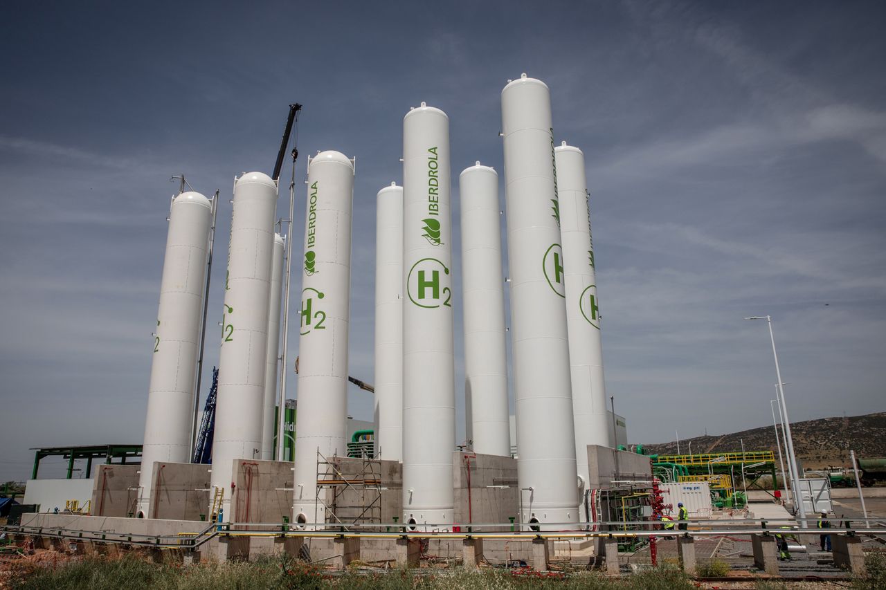 Hydrogen storage tanks during the final stages of construction at Iberdola SA's Puertollano green hydrogen plant in Puertollano, Spain, on Thursday, May 19, 2022. The new plant will be Europe's largest production site for green hydrogen for industrial use. Photographer: Angel Garcia/Bloomberg via Getty Images