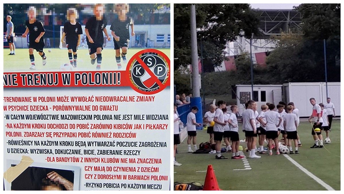 Materiały prasowe / Na zdjęciu: bulwersujący plakat / trenujący zawodnicy Polonii Warszawa