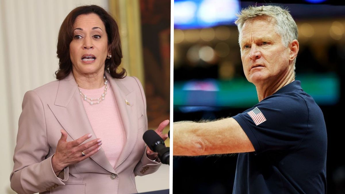 Getty Images / Christopher Pike/ Kevin Dietsch / Na zdjęciu od lewej: Kamala Harris i Steve Kerr