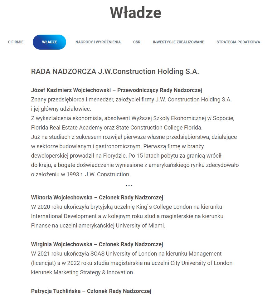 Patrycja Tuchlińska wymieniona na stronie JW Construction