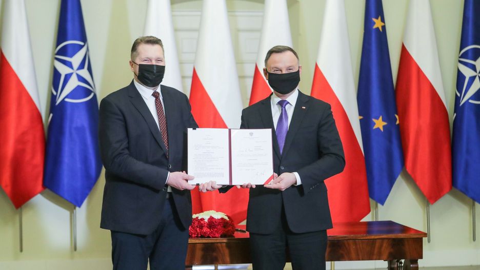 Minister edukacji i nauki Przemysław Czarnek oraz prezydent Andrzej Duda
