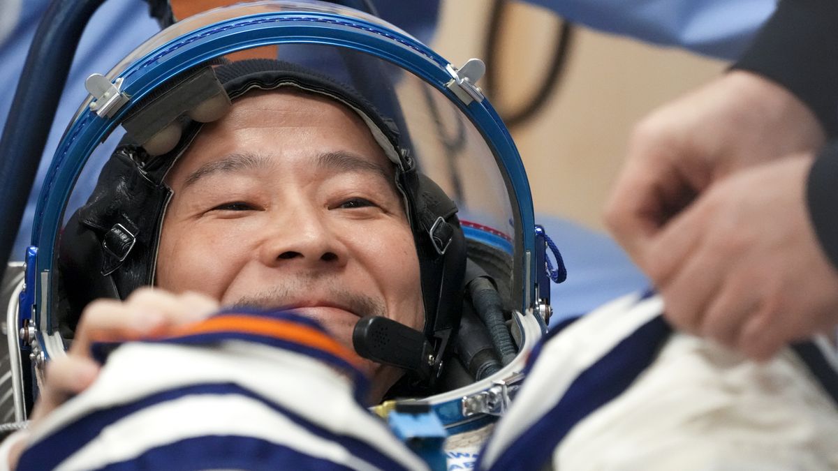 BAIKONUR, KAZAKHSTAN - DECEMBER 8: Roscosmos cosmonaut Alexander Misurkin, Japanese space tourists Yusaku Maezawa and Yozo Hirano are seen ahead of the launch of the Soyuz 2.1a carrier rocket with the Soyuz MS-20 spacecraft to the International Space Station (ISS)  in Kazakhstan on December 8, 2021 (Photo by Pavel Pavlov/Anadolu Agency via Getty Images)