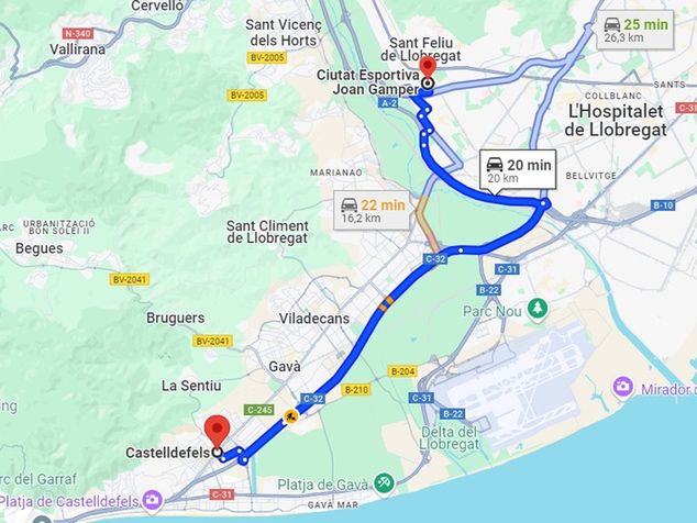 Google Maps/ Odległość od Castelldefels do centrum treningowego Barcelony